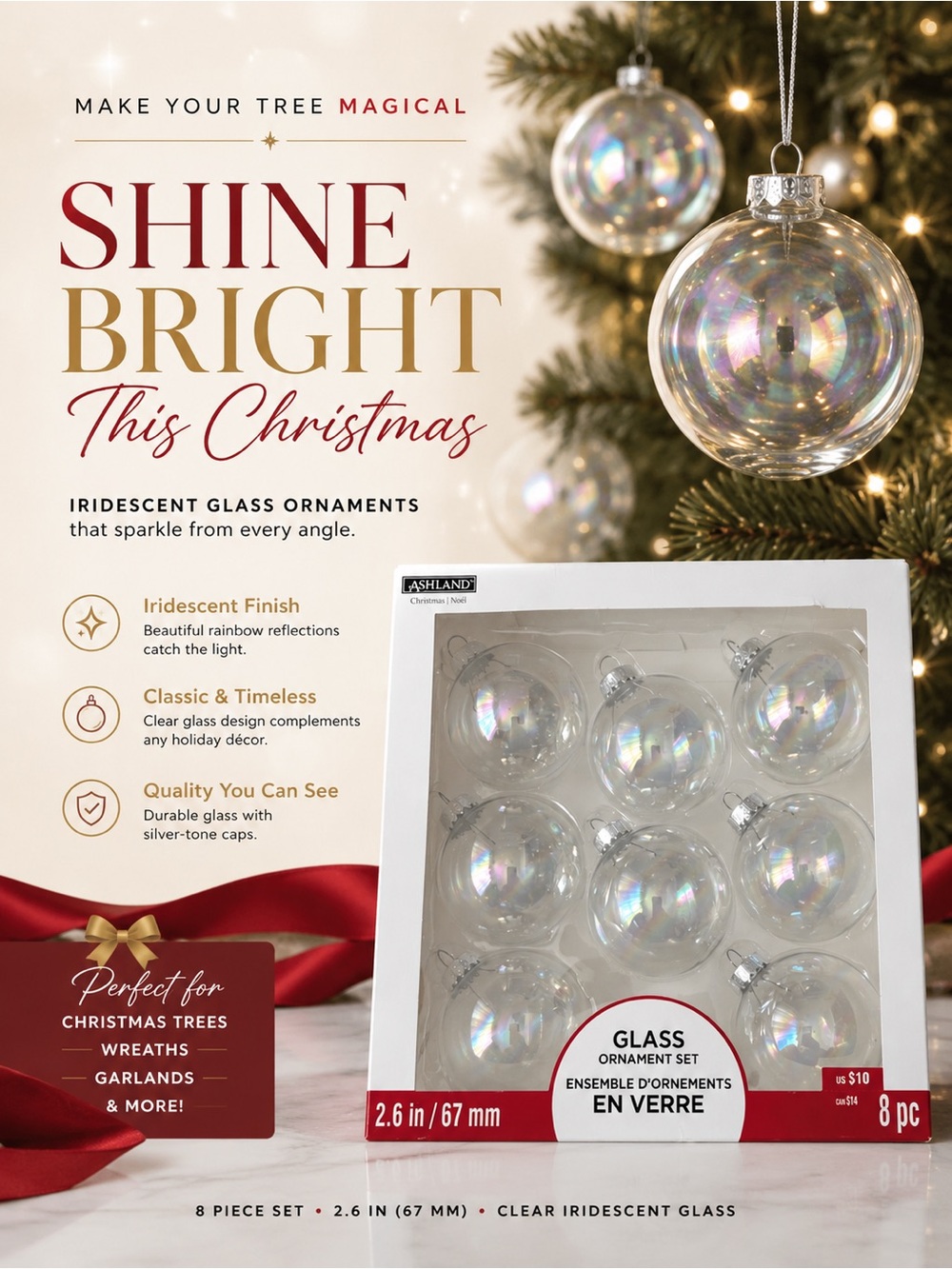 Iridescent Clear Glass Holiday Ornaments - Set of 8 - Picture 4 of 5